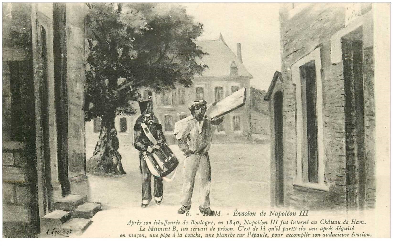 Louis-Napoléon déguisé en ouvrier et s’évadant de sa prison au fort de Ham. Il sort du fort au nez et à la barbe des gardes !